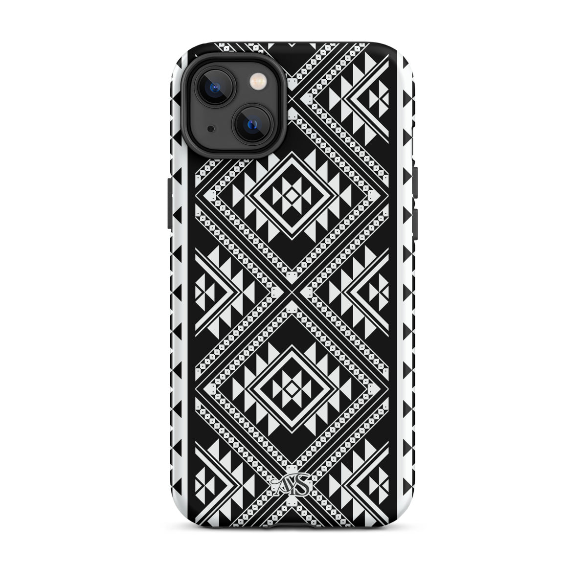Monochrome Geometric Tough Phone Case with a black-and-white pattern and AYS logo at the bottom, designed for iPhone 14 Plus