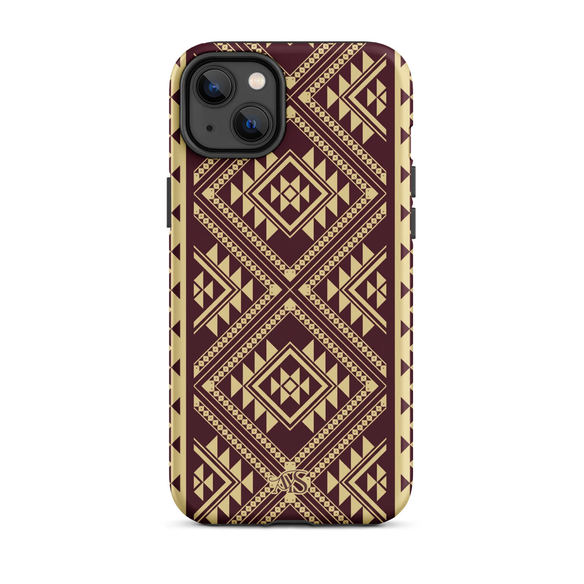 Burgundy Rose Geometric Tough Phone Case with a burgundy-and-rose gold pattern and AYS logo at the bottom, designed for iPhone 14 Plus