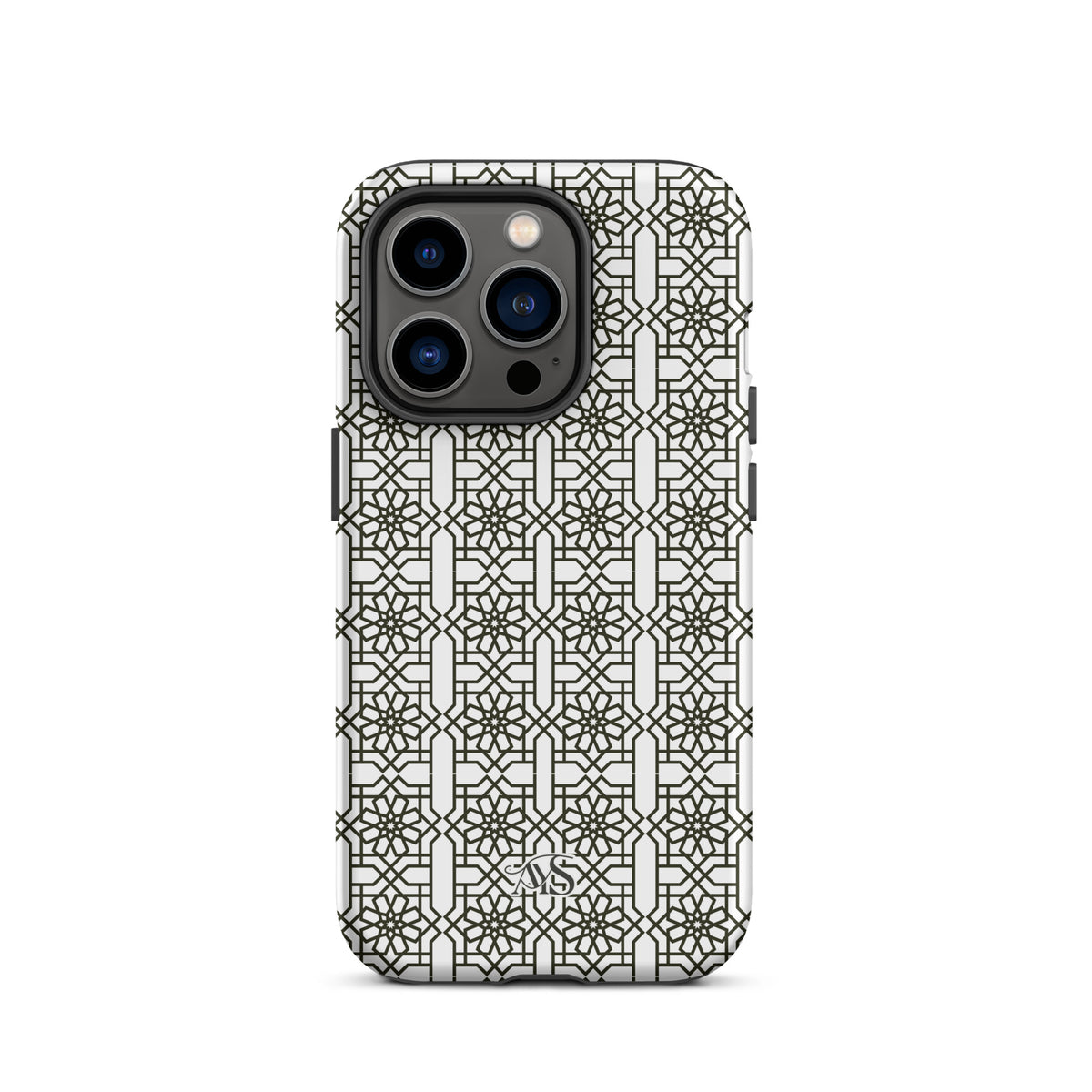 White Classic Noor geometric tough phone case with a black-and-white pattern and AYS logo at the bottom, designed for iPhone 14 Pro