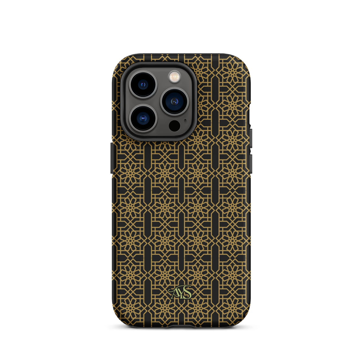 Midnight Gold Noor Tough Phone Case with a black-and-gold pattern and AYS logo at the bottom, designed for iPhone 14 Pro