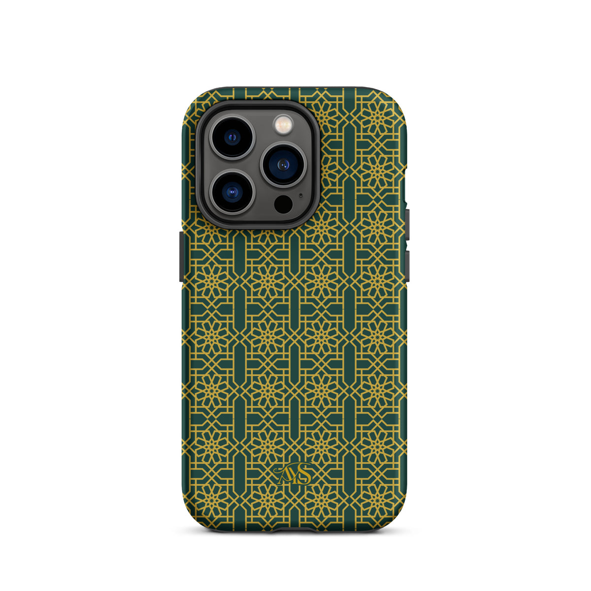 Emerald Gold Noor Tough Phone Case with a green-and-gold pattern and AYS logo at the bottom, designed for iPhone 14 Pro