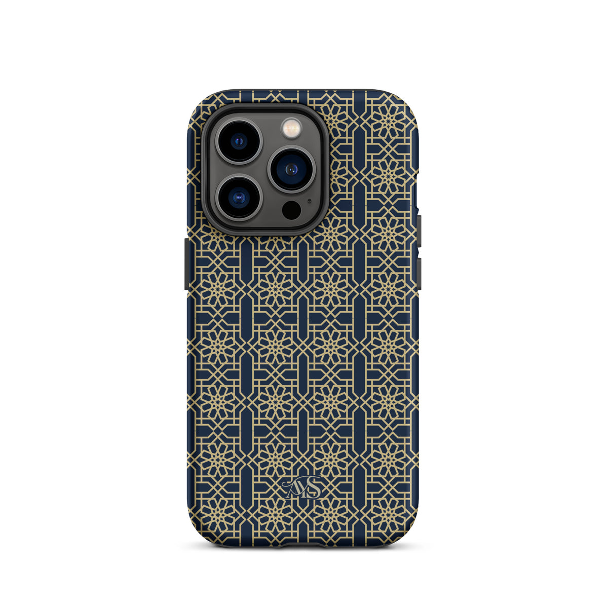 Royal Navy Noor Tough Phone Case with a blue-and-gold pattern and AYS logo at the bottom, designed for iPhone 14 Pro