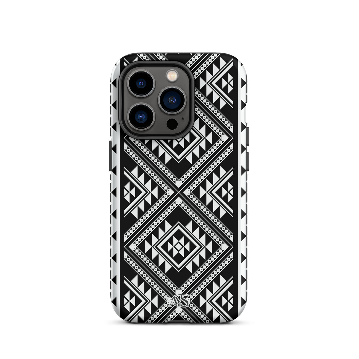 Monochrome Geometric Tough Phone Case with a black-and-white pattern and AYS logo at the bottom, designed for iPhone 14 Pro