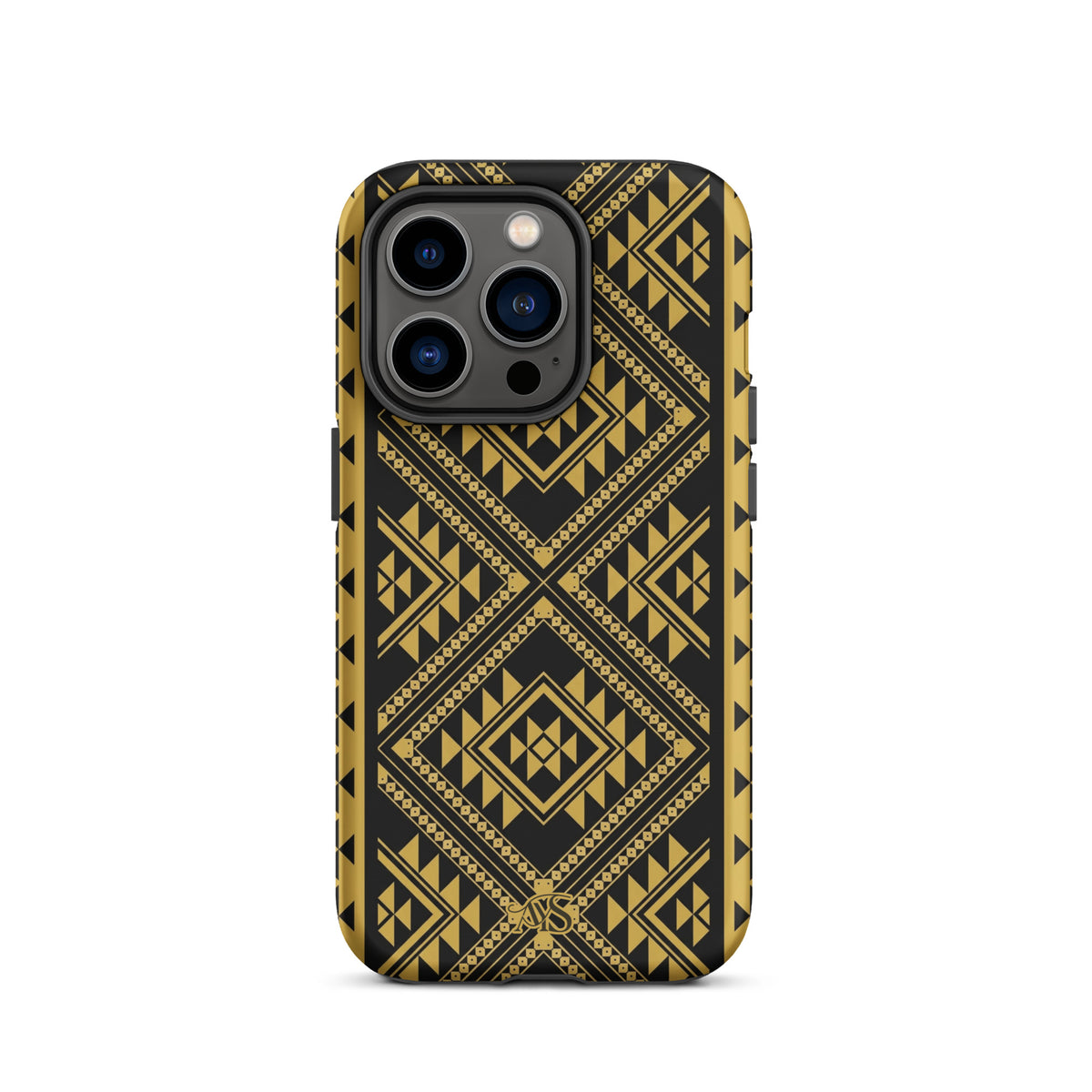 Midnight Prestige Geometric Tough Phone Case with a black-and-gold pattern and AYS logo at the bottom, designed for iPhone 14 Pro