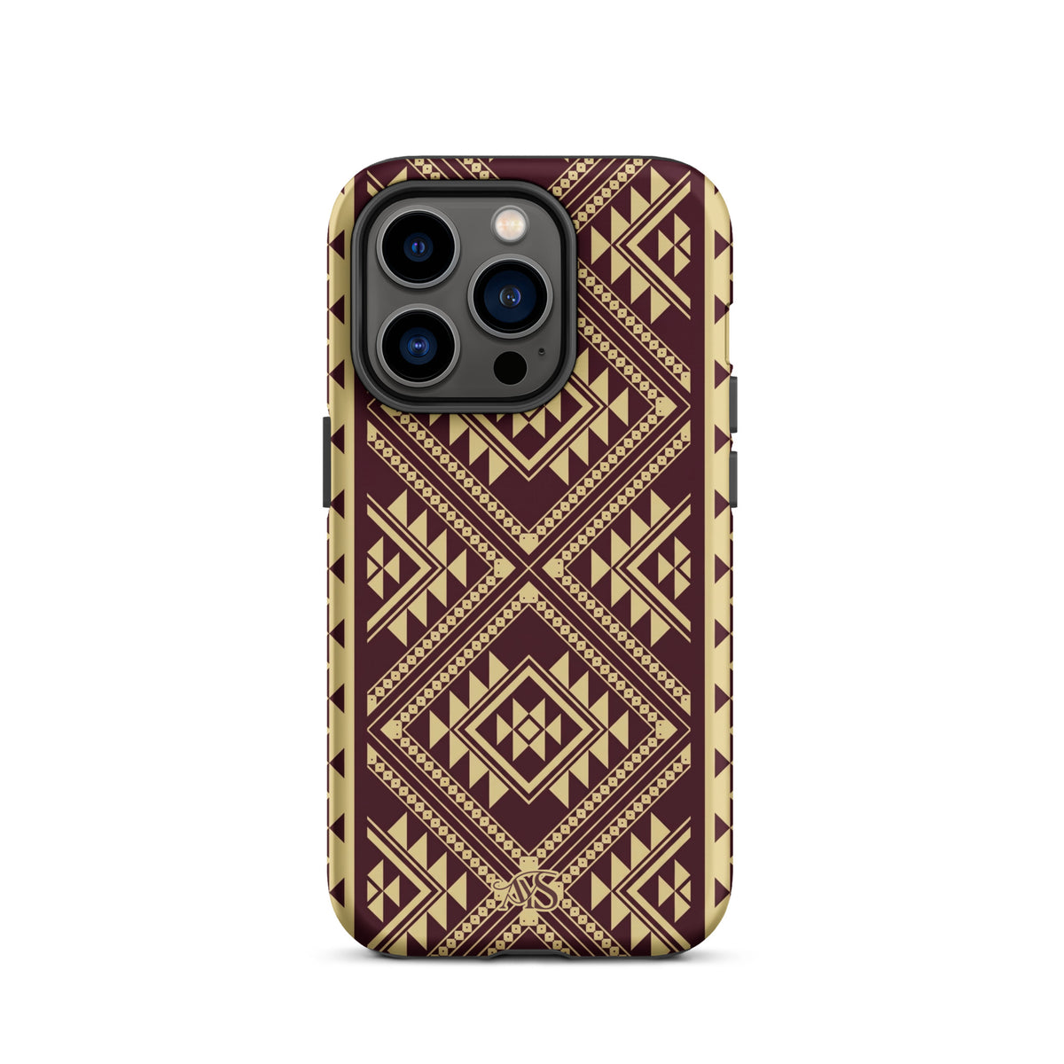 Burgundy Rose Geometric Tough Phone Case with a burgundy-and-rose gold pattern and AYS logo at the bottom, designed for iPhone 14 Pro