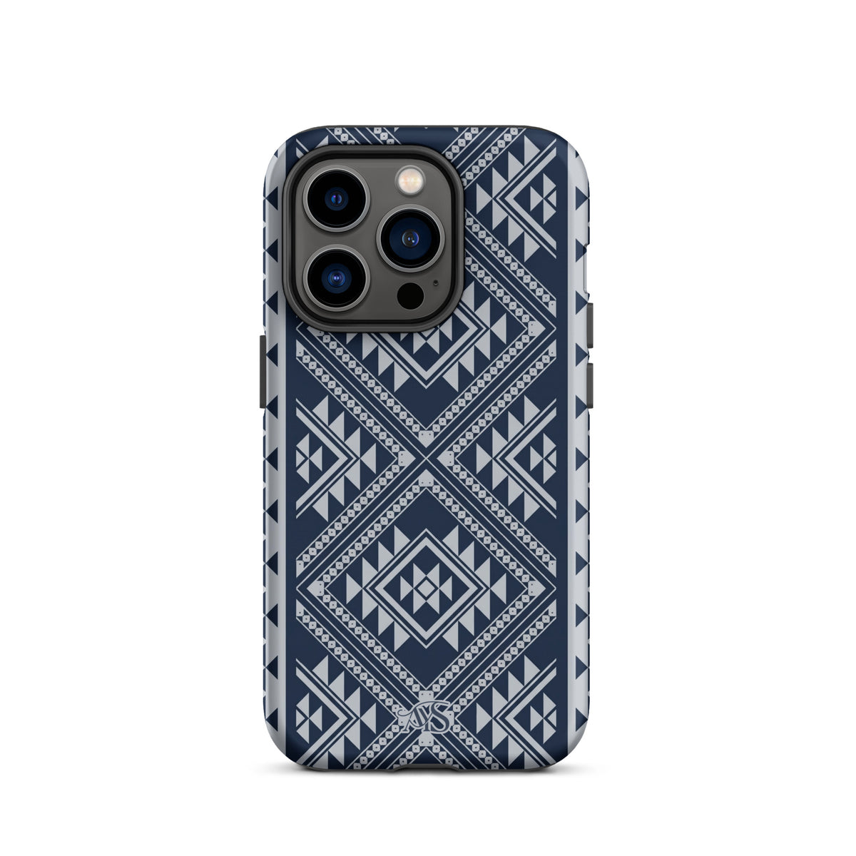 Royal Navy Geometric Tough Phone Case with a Royal Navy-and-silver pattern and AYS logo at the bottom, designed for iPhone 14 Pro