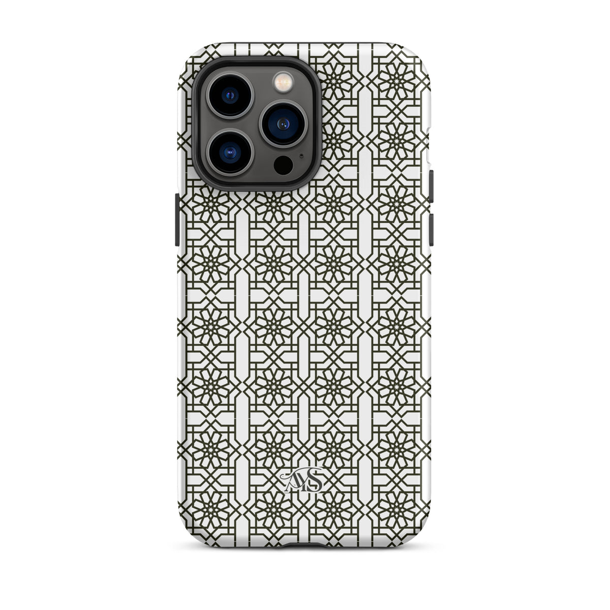 White Classic Noor geometric tough phone case with a black-and-white pattern and AYS logo at the bottom, designed for iPhone 14 Pro Max