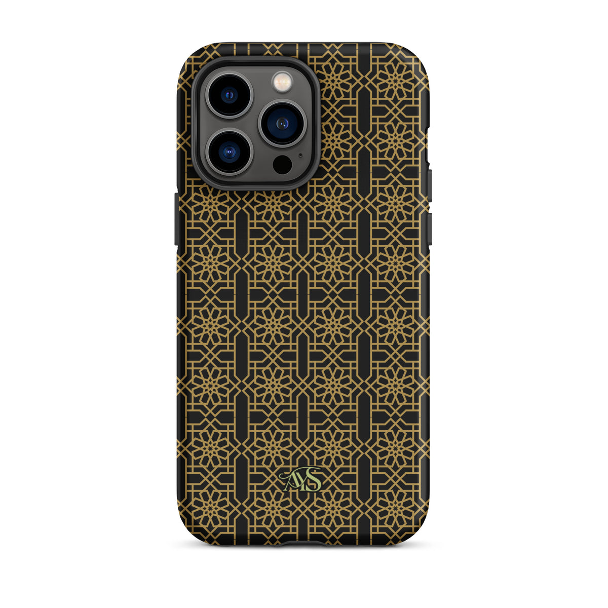 Midnight Gold Noor Tough Phone Case with a black-and-gold pattern and AYS logo at the bottom, designed for iPhone 14 Pro Max