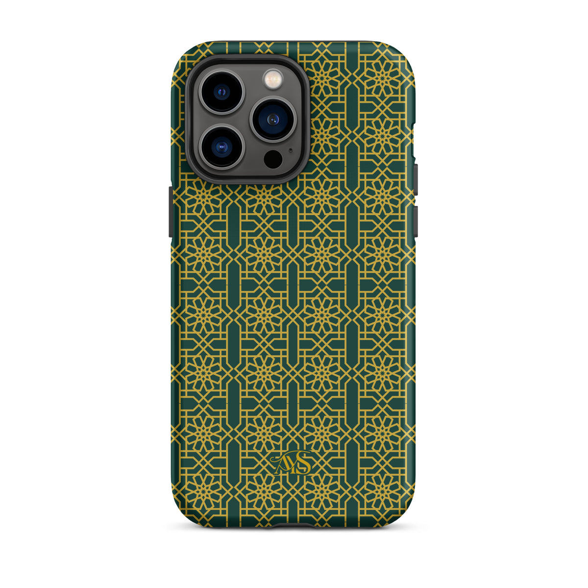 Emerald Gold Noor Tough Phone Case with a green-and-gold pattern and AYS logo at the bottom, designed for iPhone 14 Pro Max