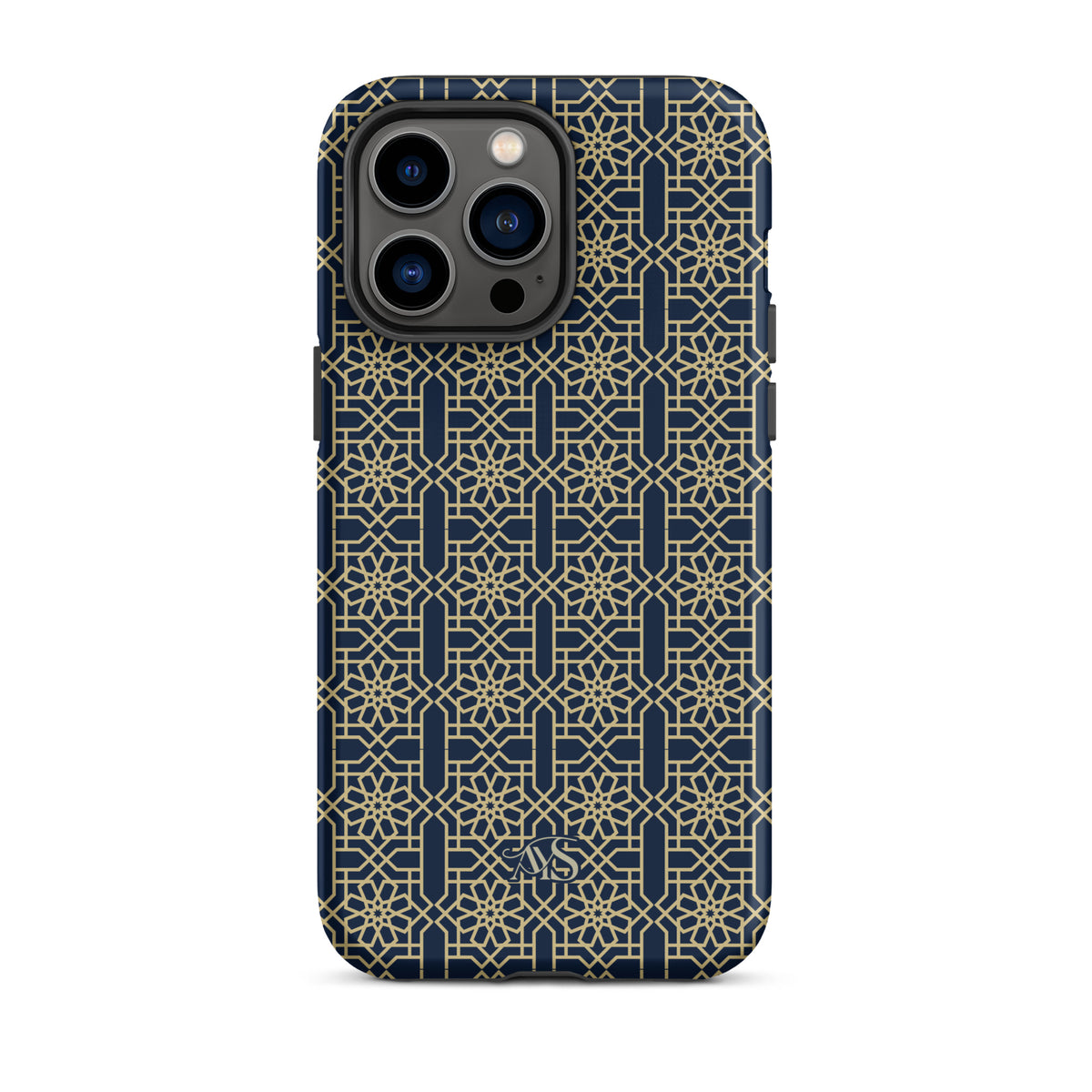 Royal Navy Noor Tough Phone Case with a blue-and-gold pattern and AYS logo at the bottom, designed for iPhone 14 Pro Max