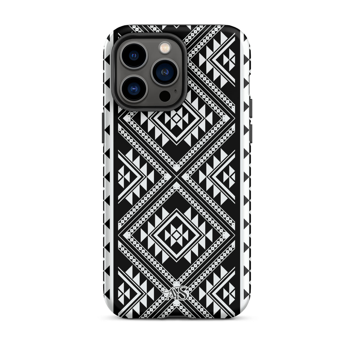 Monochrome Geometric Tough Phone Case with a black-and-white pattern and AYS logo at the bottom, designed for iPhone 14 Pro Max
