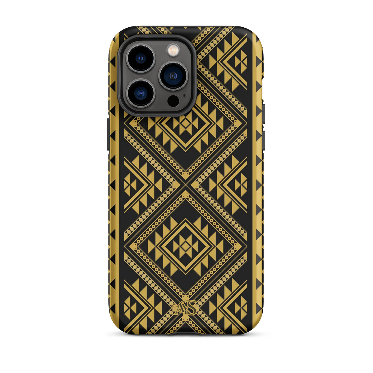 Midnight Prestige Geometric Tough Phone Case with a black-and-gold pattern and AYS logo at the bottom, designed for iPhone 14 Pro Max