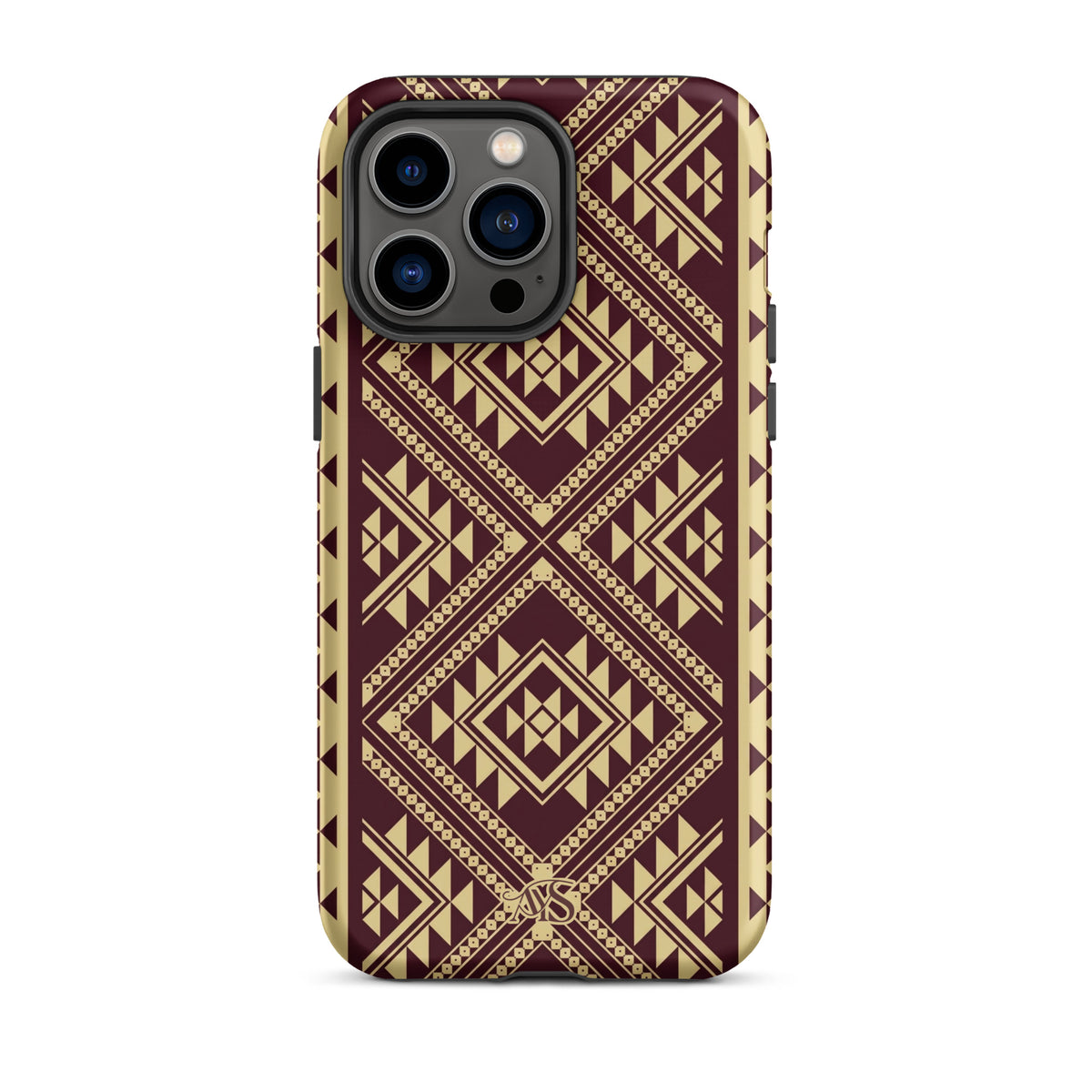 Burgundy Rose Geometric Tough Phone Case with a burgundy-and-rose gold pattern and AYS logo at the bottom, designed for iPhone 14 Pro Max