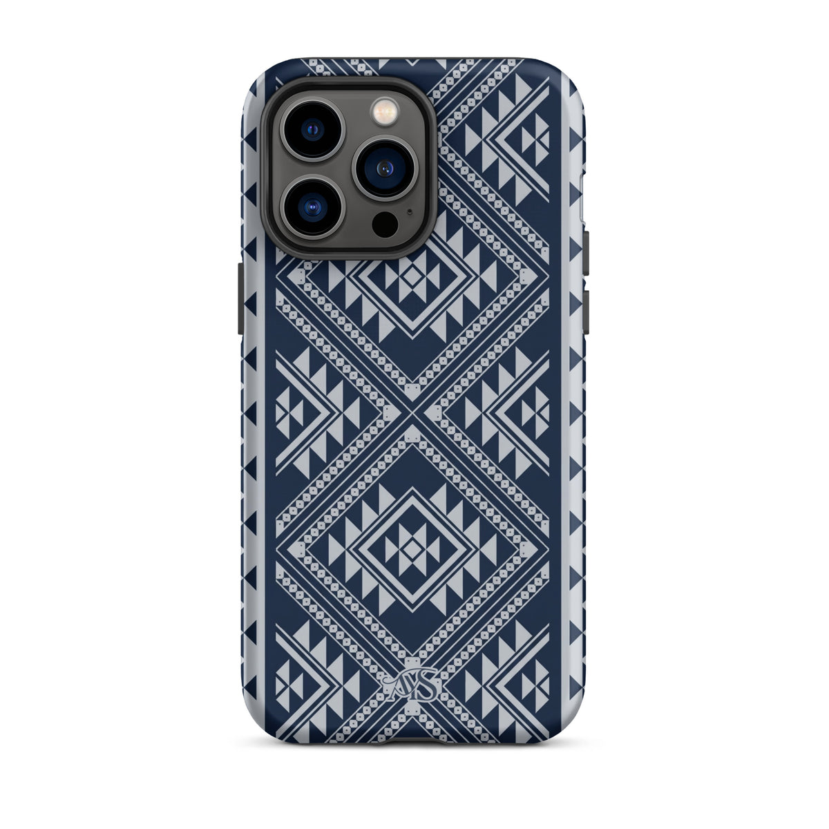 Royal Navy Geometric Tough Phone Case with a Royal Navy-and-silver pattern and AYS logo at the bottom, designed for iPhone 14 Pro Max