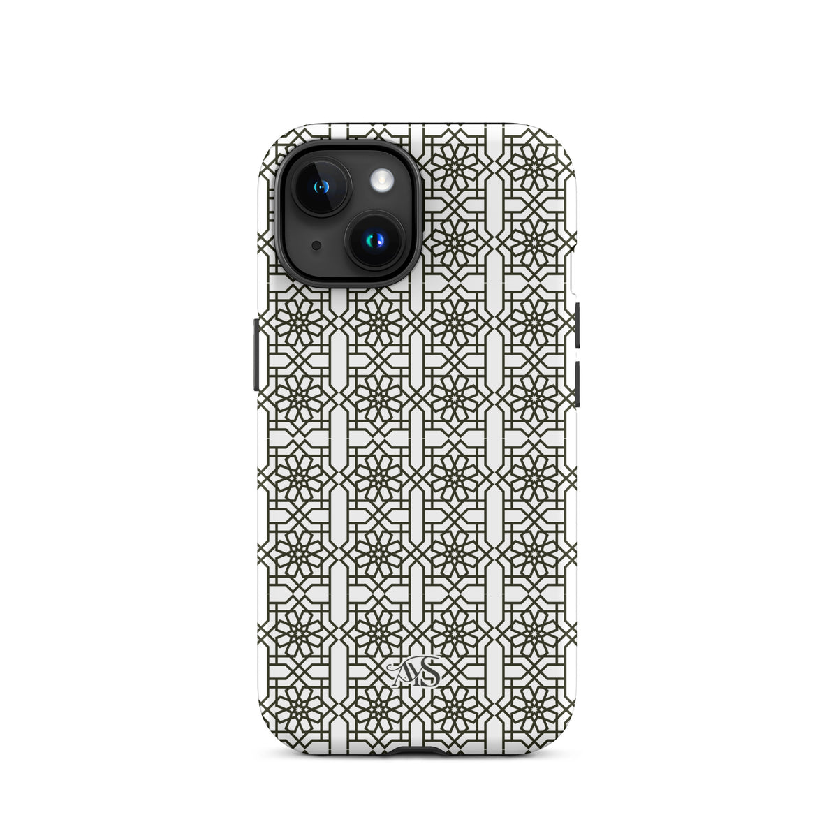 White Classic Noor geometric tough phone case with a black-and-white pattern and AYS logo at the bottom, designed for iPhone 15