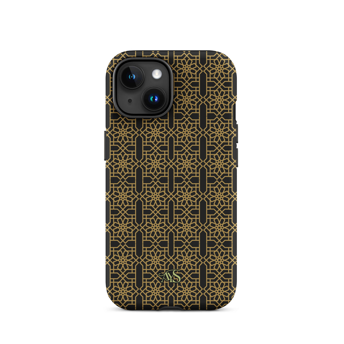 Midnight Gold Noor Tough Phone Case with a black-and-gold pattern and AYS logo at the bottom, designed for iPhone 15