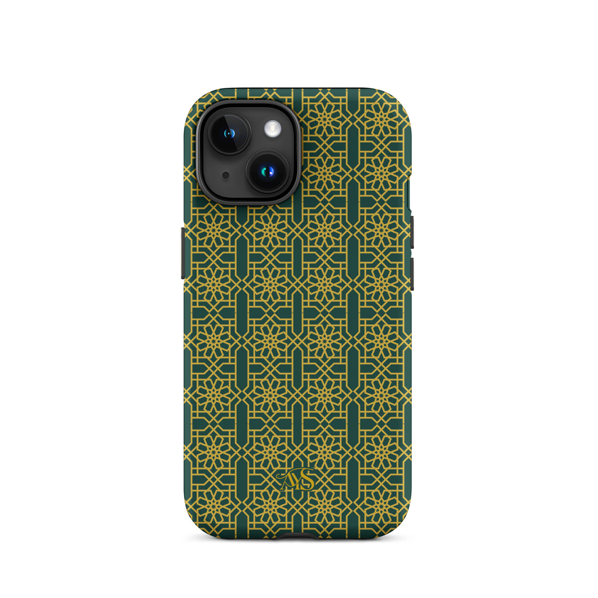 Emerald Gold Noor Tough Phone Case with a green-and-gold pattern and AYS logo at the bottom, designed for iPhone 15
