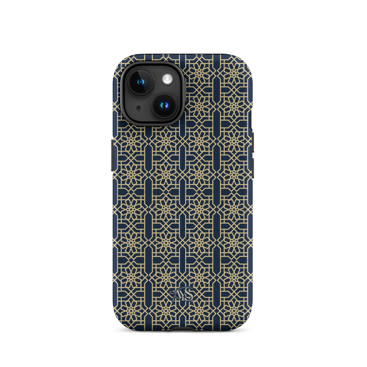 Royal Navy Noor Tough Phone Case with a blue-and-gold pattern and AYS logo at the bottom, designed for iPhone 15