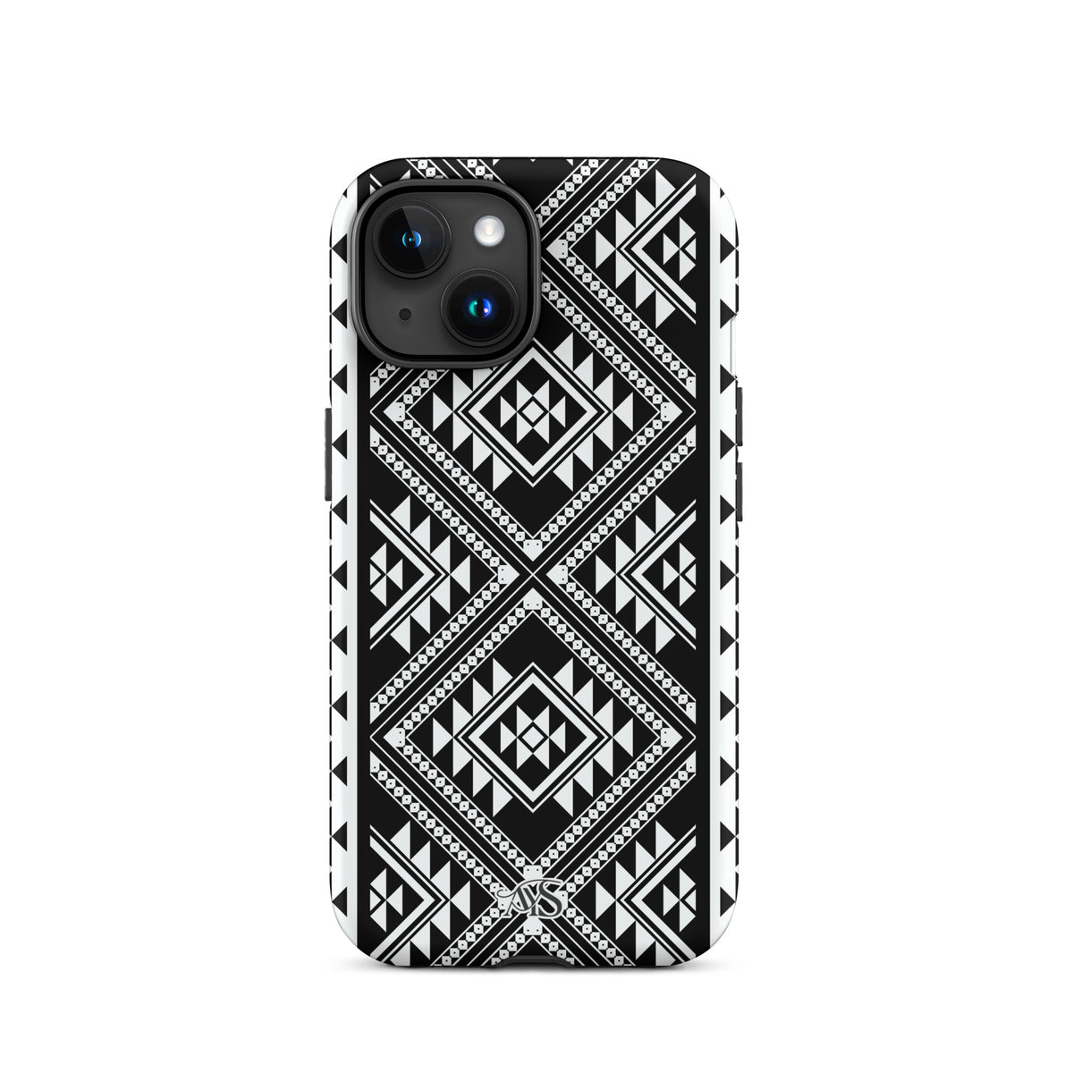 Monochrome Geometric Tough Phone Case with a black-and-white pattern and AYS logo at the bottom, designed for iPhone 15