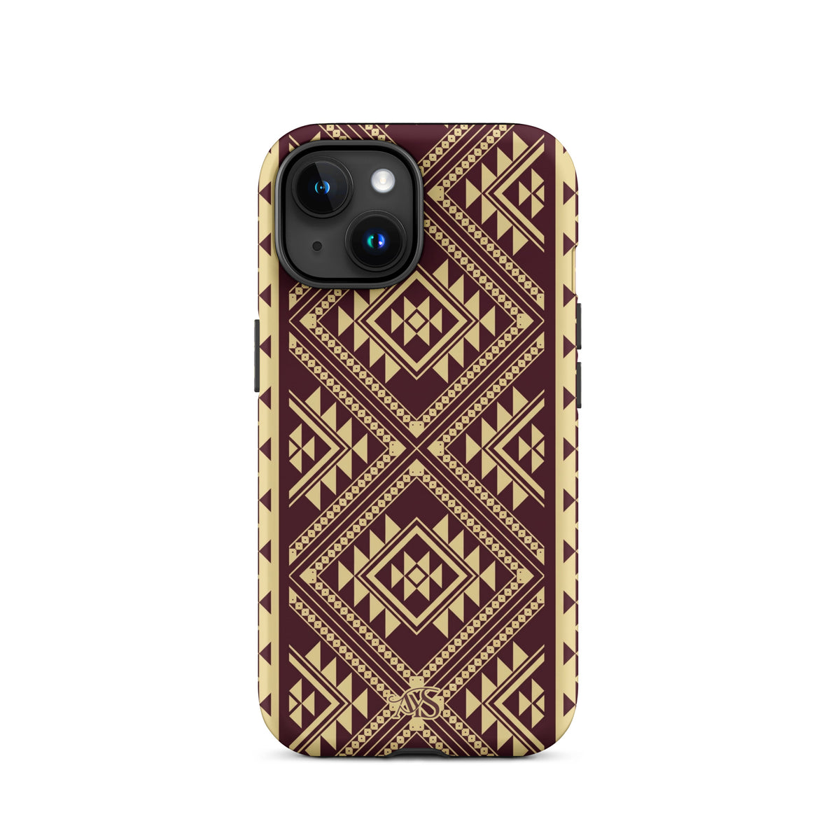 Burgundy Rose Geometric Tough Phone Case with a burgundy-and-rose gold pattern and AYS logo at the bottom, designed for iPhone 15