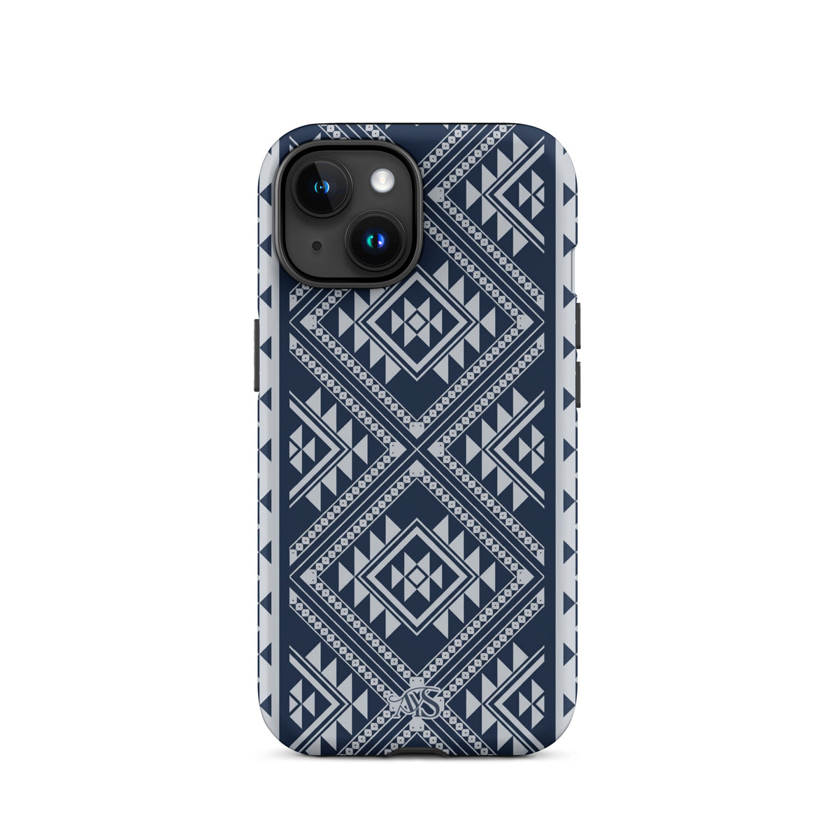 Royal Navy Geometric Tough Phone Case with a Royal Navy-and-silver pattern and AYS logo at the bottom, designed for iPhone 15
