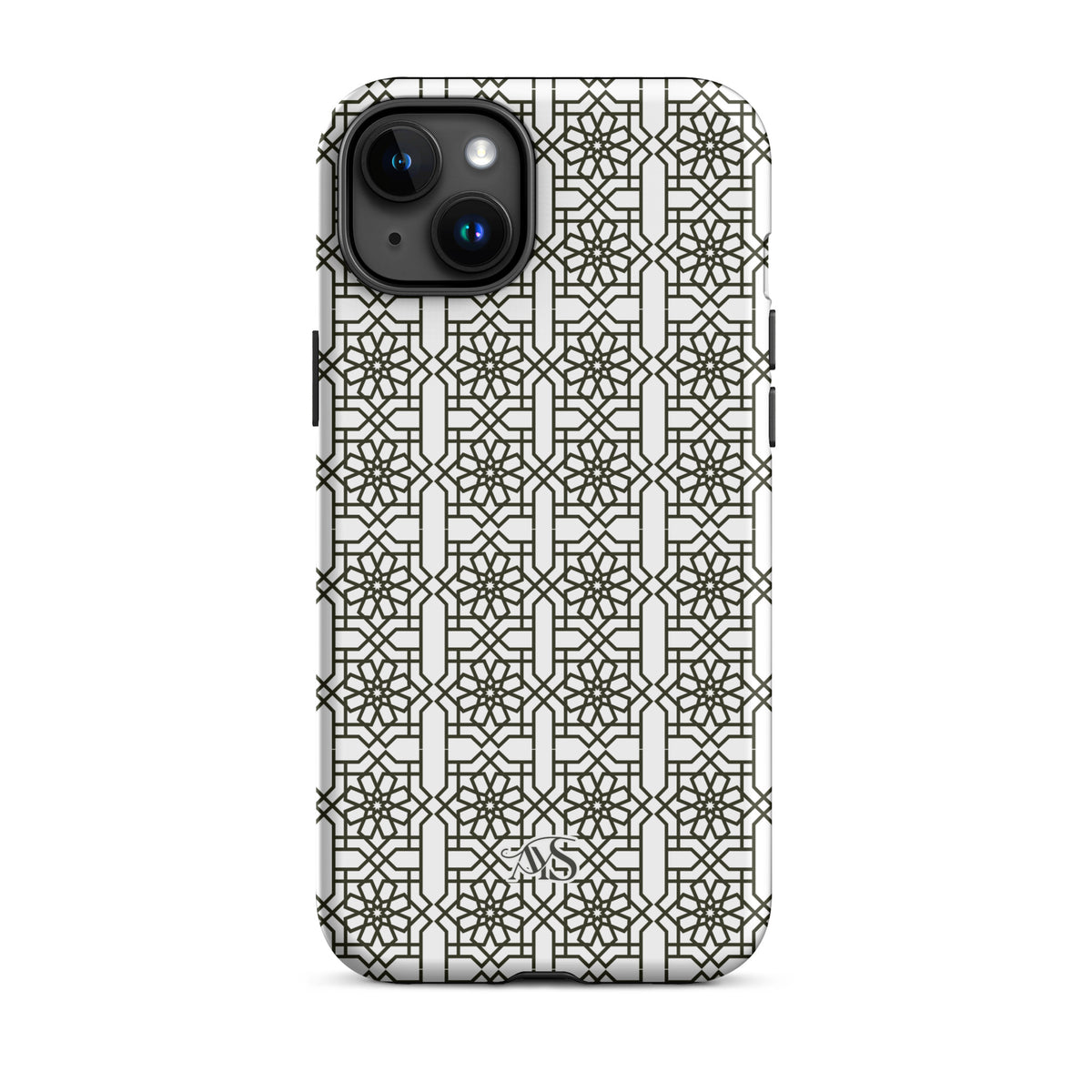 White Classic Noor geometric tough phone case with a black-and-white pattern and AYS logo at the bottom, designed for iPhone 15 Plus