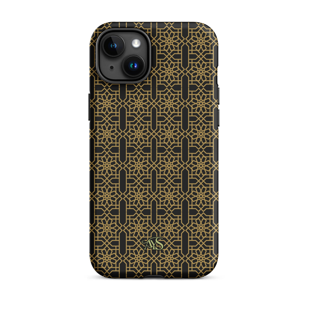 Midnight Gold Noor Tough Phone Case with a black-and-gold pattern and AYS logo at the bottom, designed for iPhone 15 Plus