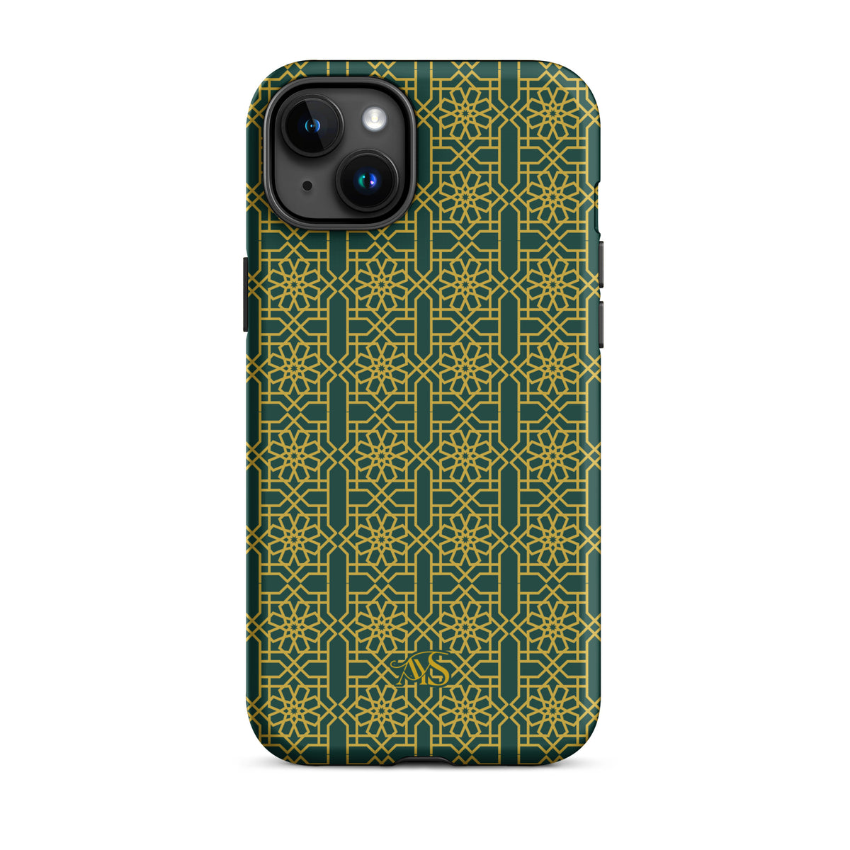 Emerald Gold Noor Tough Phone Case with a green-and-gold pattern and AYS logo at the bottom, designed for iPhone 15 Plus