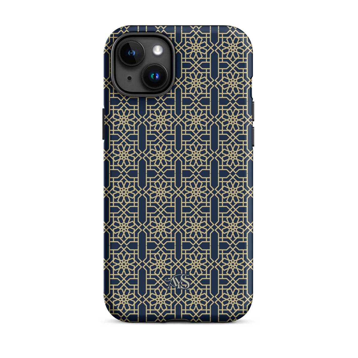 Royal Navy Noor Tough Phone Case with a blue-and-gold pattern and AYS logo at the bottom, designed for iPhone 15 Plus