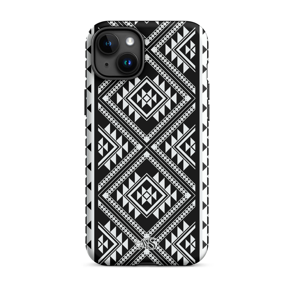Monochrome Geometric Tough Phone Case with a black-and-white pattern and AYS logo at the bottom, designed for iPhone 15 Plus