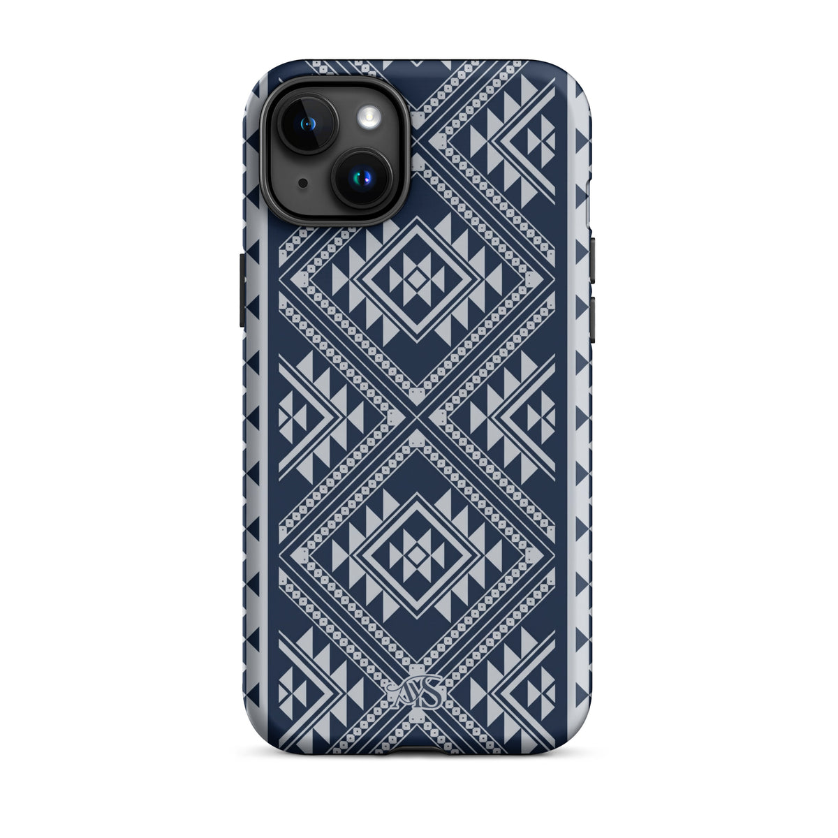 Royal Navy Geometric Tough Phone Case with a Royal Navy-and-silver pattern and AYS logo at the bottom, designed for iPhone 15 Plus