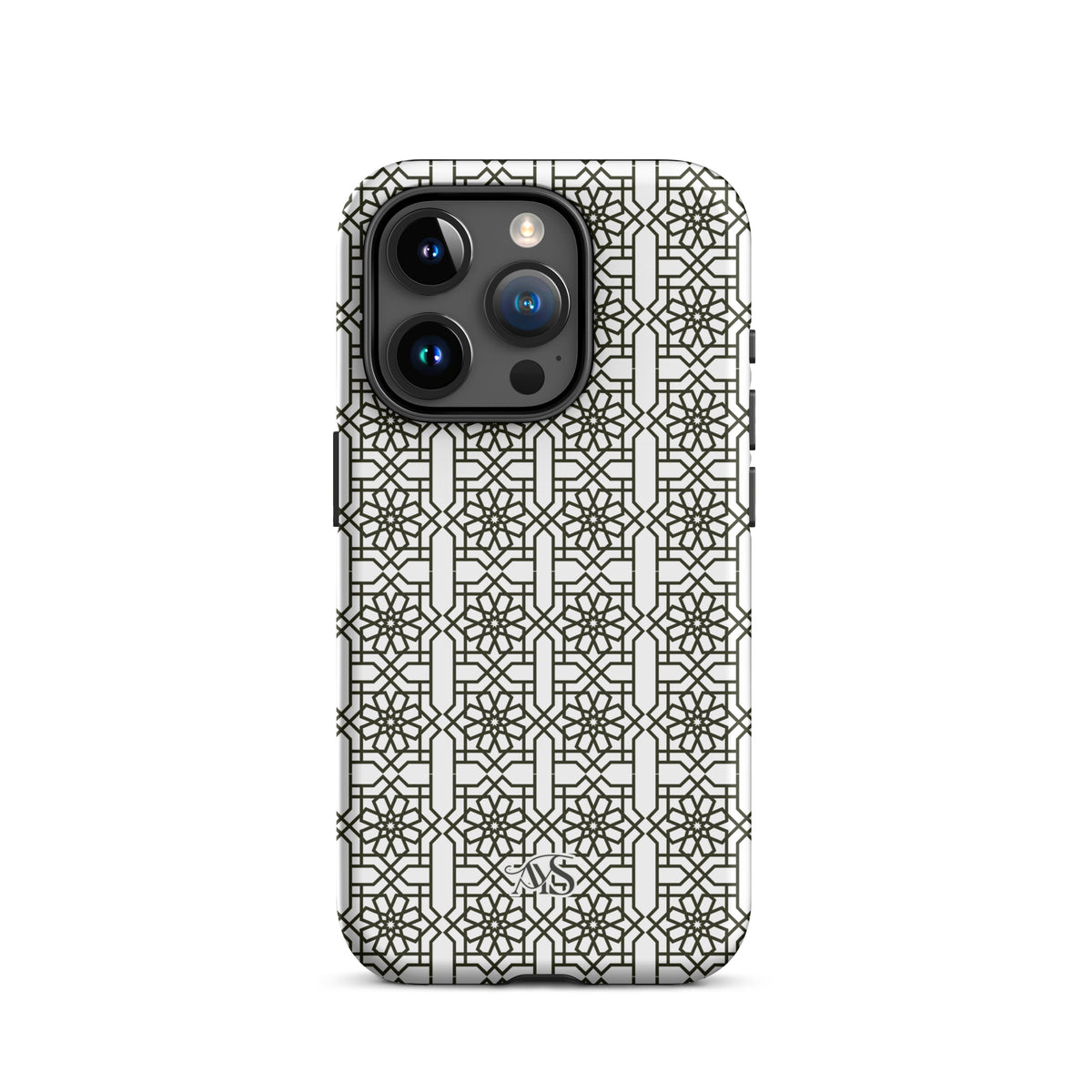 White Classic Noor geometric tough phone case with a black-and-white pattern and AYS logo at the bottom, designed for iPhone 15 Pro