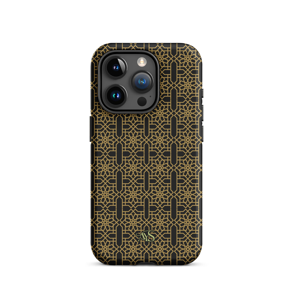 Midnight Gold Noor Tough Phone Case with a black-and-gold pattern and AYS logo at the bottom, designed for iPhone 15 Pro