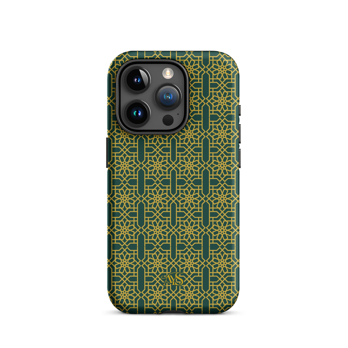 Emerald Gold Noor Tough Phone Case with a green-and-gold pattern and AYS logo at the bottom, designed for iPhone 15 Pro