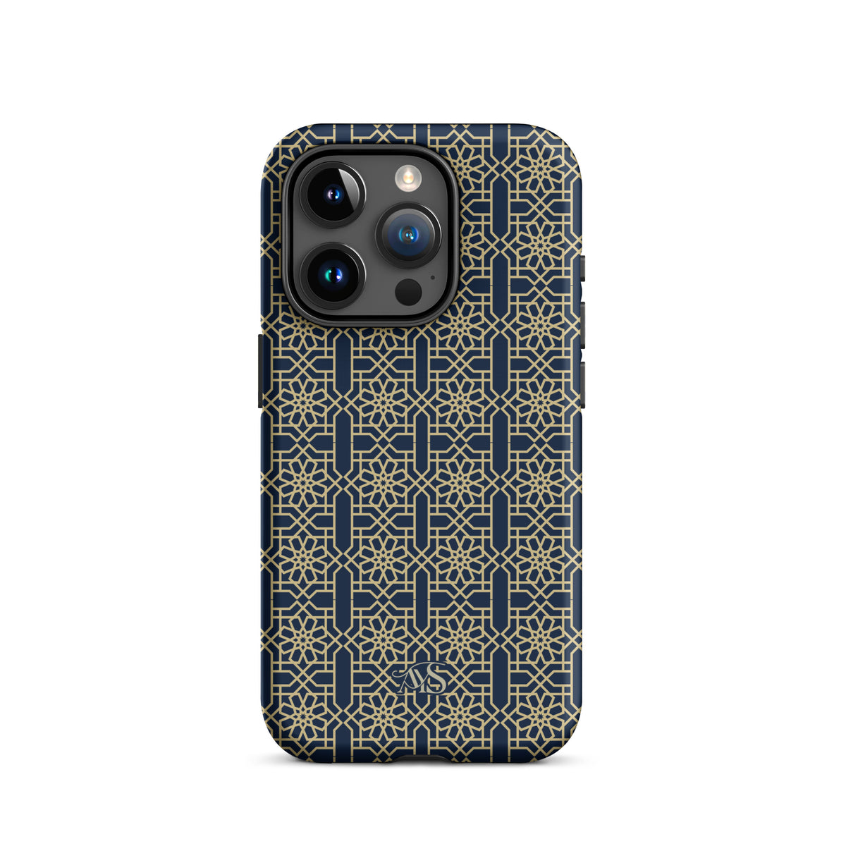 Royal Navy Noor Tough Phone Case with a blue-and-gold pattern and AYS logo at the bottom, designed for iPhone 15 Pro