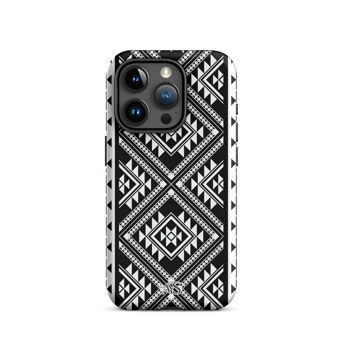 Monochrome Geometric Tough Phone Case with a black-and-white pattern and AYS logo at the bottom, designed for iPhone 15 Pro