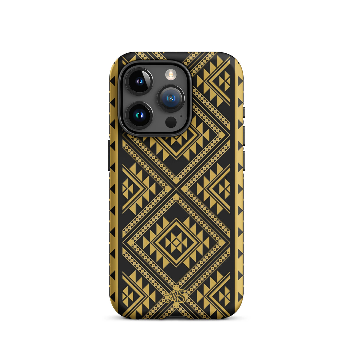 Midnight Prestige Geometric Tough Phone Case with a black-and-gold pattern and AYS logo at the bottom, designed for iPhone 15 Pro