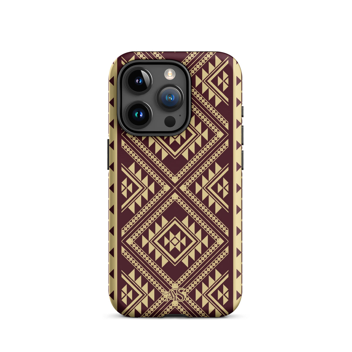 Burgundy Rose Geometric Tough Phone Case with a burgundy-and-rose gold pattern and AYS logo at the bottom, designed for iPhone 15 Pro