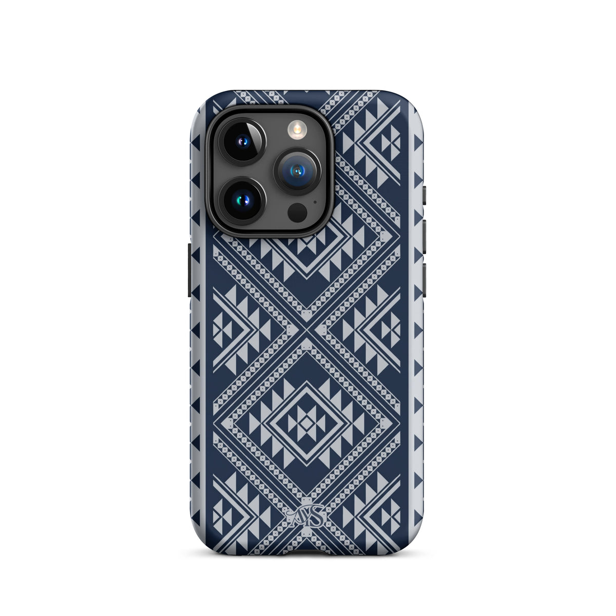 Royal Navy Geometric Tough Phone Case with a Royal Navy-and-silver pattern and AYS logo at the bottom, designed for iPhone 15 Pro