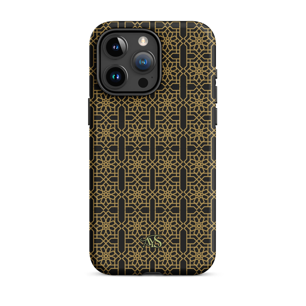 Midnight Gold Noor Tough Phone Case with a black-and-gold pattern and AYS logo at the bottom, designed for iPhone 15 Pro Max