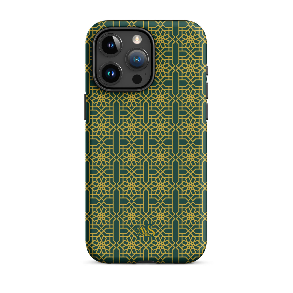 Emerald Gold Noor Tough Phone Case with a green-and-gold pattern and AYS logo at the bottom, designed for iPhone 15 Pro Max