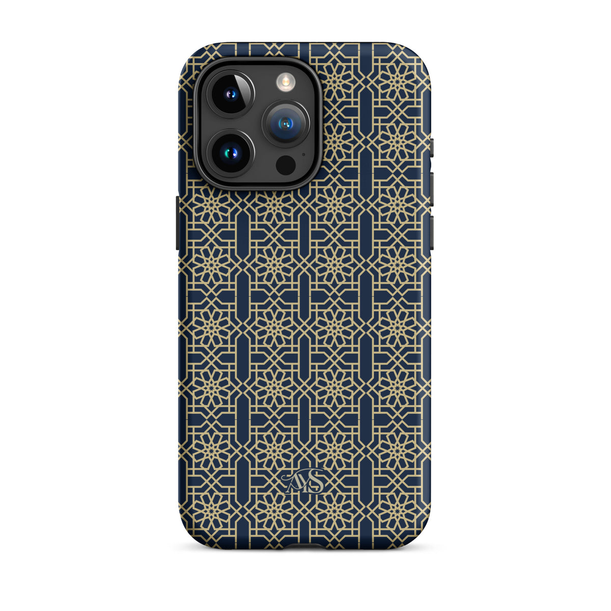 Royal Navy Noor Tough Phone Case with a blue-and-gold pattern and AYS logo at the bottom, designed for iPhone 15 Pro Max