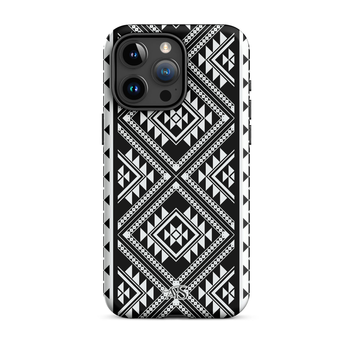 Monochrome Geometric Tough Phone Case with a black-and-white pattern and AYS logo at the bottom, designed for iPhone 15 Pro Max