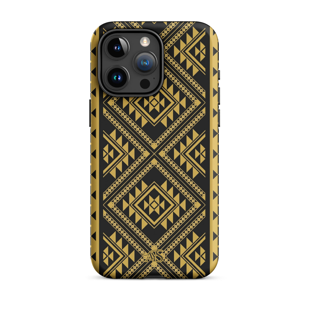 Midnight Prestige Geometric Tough Phone Case with a black-and-gold pattern and AYS logo at the bottom, designed for iPhone 15 Pro Max