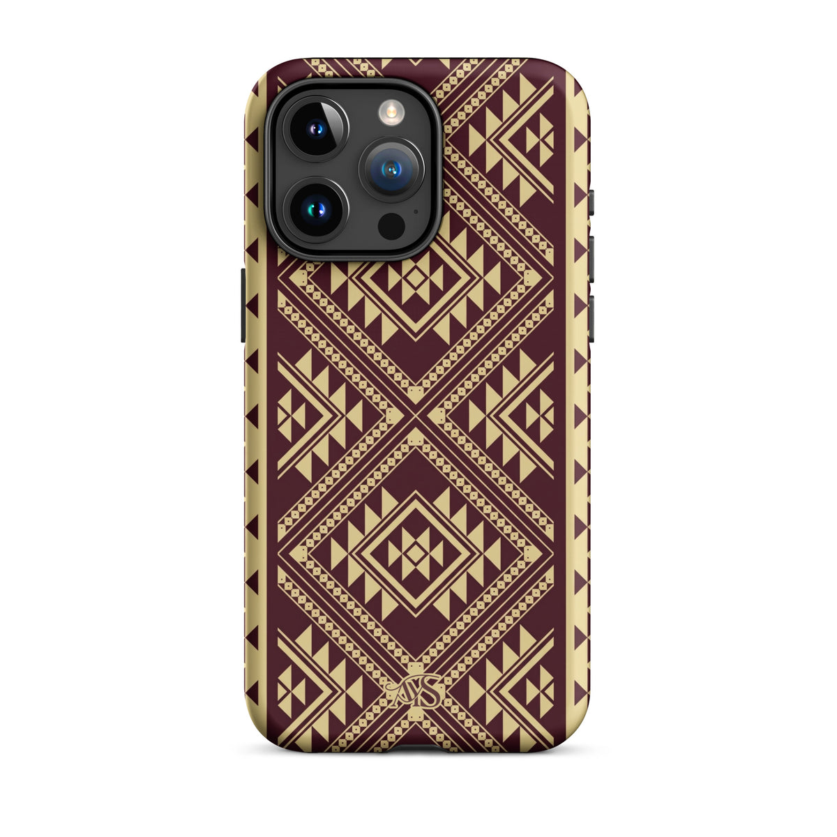 Burgundy Rose Geometric Tough Phone Case with a burgundy-and-rose gold pattern and AYS logo at the bottom, designed for iPhone 15 Pro Max