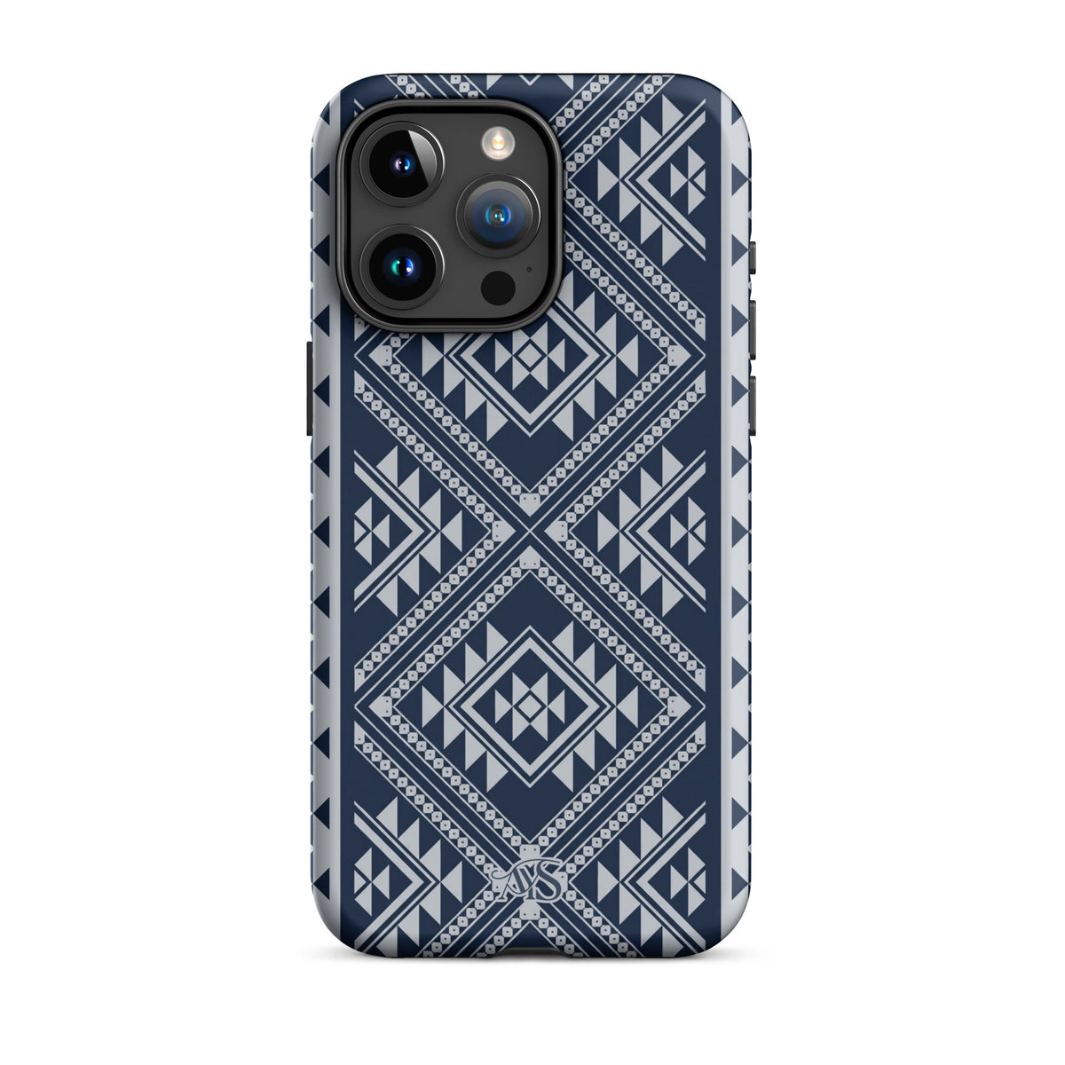 Royal Navy Geometric Tough Phone Case with a Royal Navy-and-silver pattern and AYS logo at the bottom, designed for iPhone 15 Pro Max