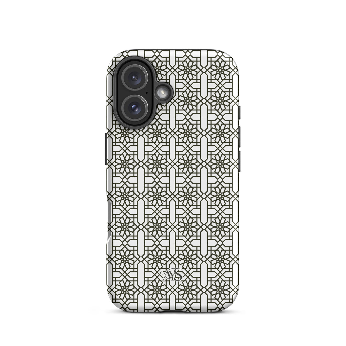 White Classic Noor geometric tough phone case with a black-and-white pattern and AYS logo at the bottom, designed for iPhone 16