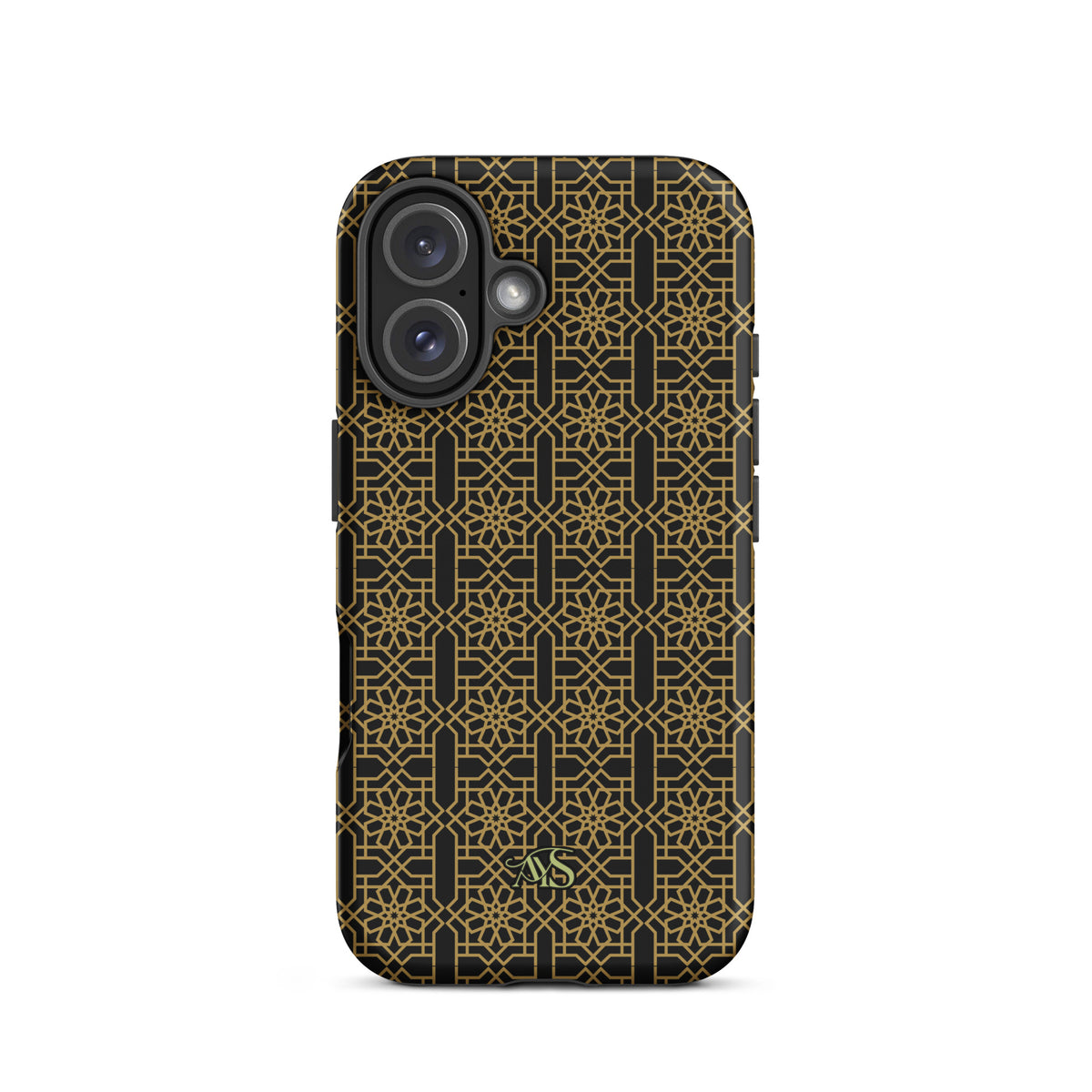 Midnight Gold Noor Tough Phone Case with a black-and-gold pattern and AYS logo at the bottom, designed for iPhone 16
