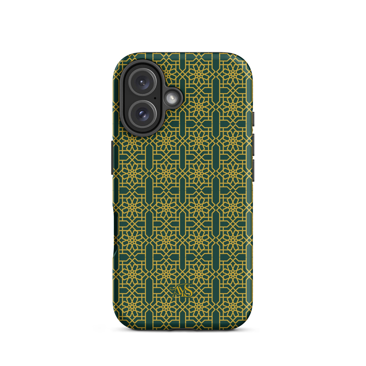 Emerald Gold Noor Tough Phone Case with a green-and-gold pattern and AYS logo at the bottom, designed for iPhone 16