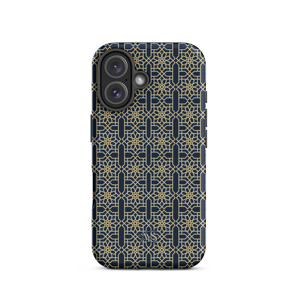 Royal Navy Noor Tough Phone Case with a blue-and-gold pattern and AYS logo at the bottom, designed for iPhone 16